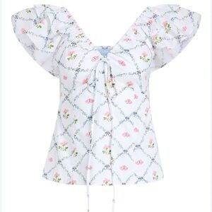 Hill House White Floral Blouse with Puff Sleeves NWOT size xs